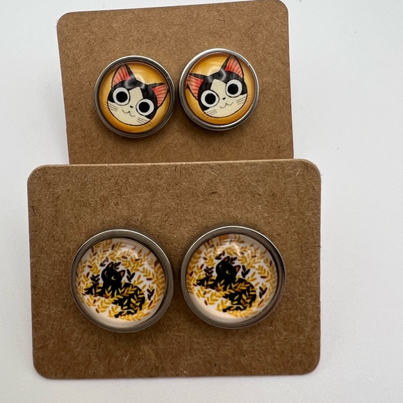 Classic Cat Stud Earring Set - Trendy Cute Cat Round Stud Earrings - Picture 9 of 10